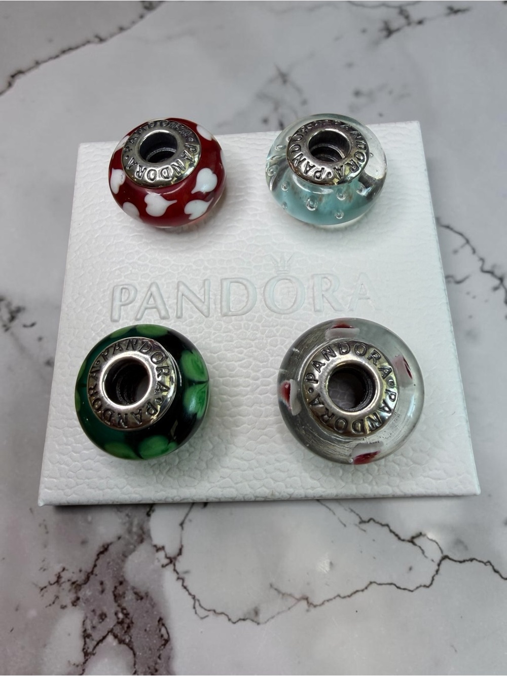 Pandora Red & Green Floral Glass Charm Pair